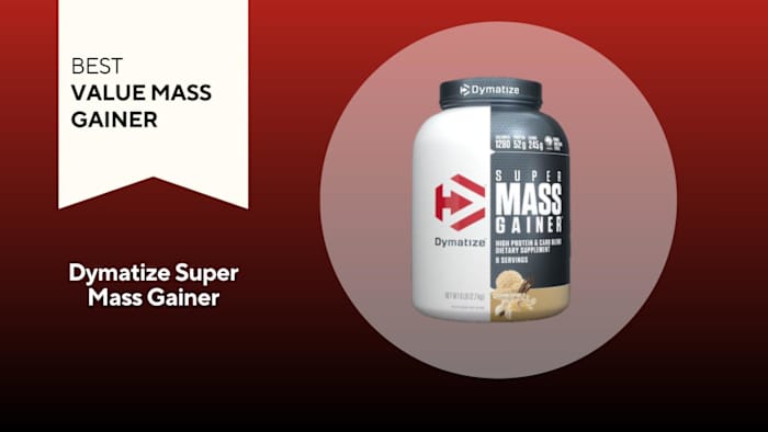 A tub of Dymatize Super Mass Gainer